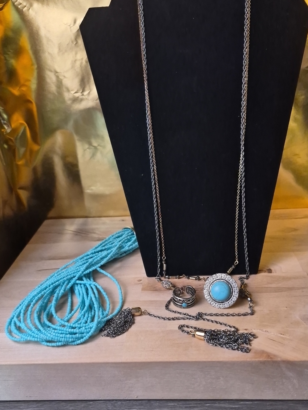 Double Strand Neckkace With Tassles On End. Rhinestone Beads And Two Rings.